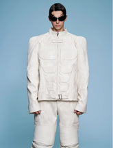 HEYFANCYSTYLE Men's Avant-Garde Vegan Leather Ribbed Armored Jacket